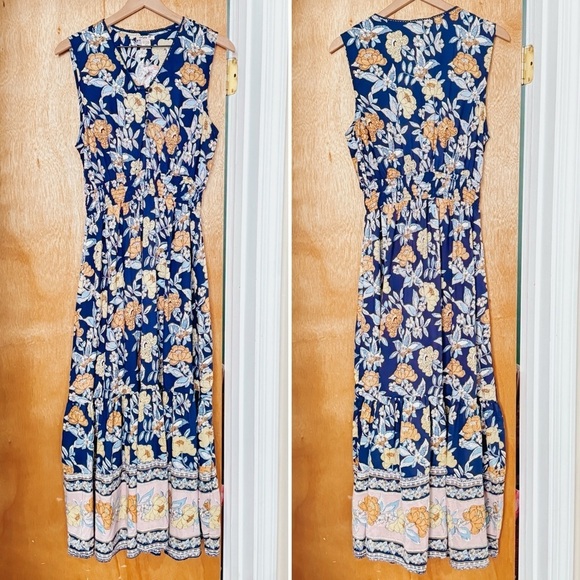 Lola P Floral Boho Sleeveless Maxi Dress in Multi color Blue Womens Size L NWT - Picture 2 of 8